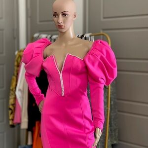 Puff sleeve diamanté seamed mini dress in hot pink